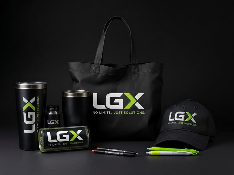 Branded promotional merchandise including drinkware, bags and headwear